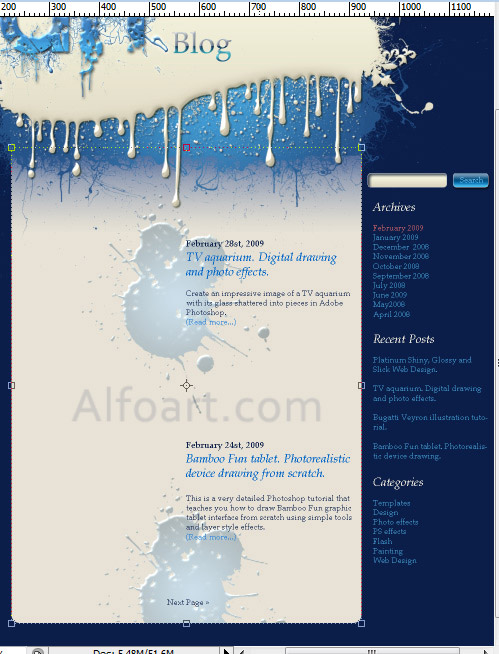 Glossy and creative art blog web design, splatters, splashes, paint brushes.